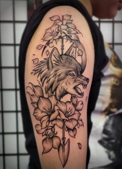 Black and Grey Flowers and Wolf Arm Half Sleeve Tattoo