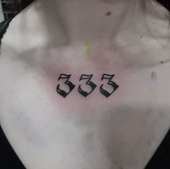 Black and White 333 Angel Number Chest Tattoo