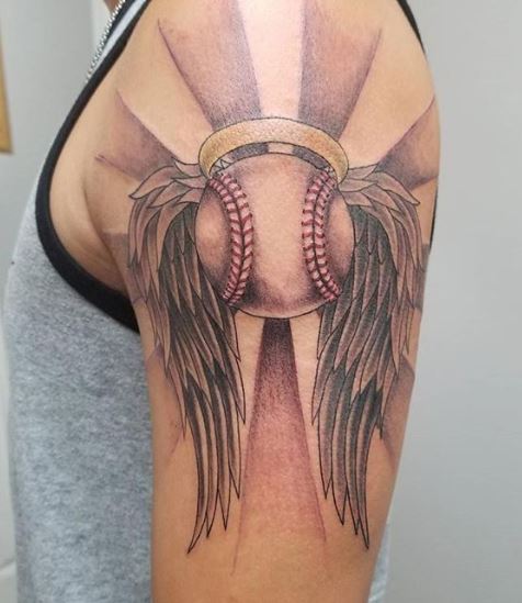 Colored Baseball Ball with Wings and Halo Arm Tattoo