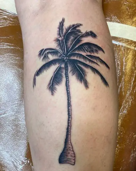 Black and Grey Detailed Palm Tree Leg Tattoo