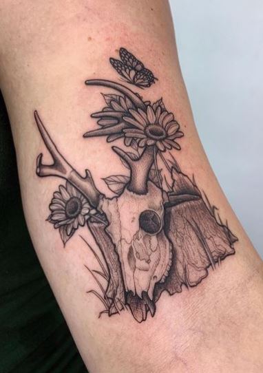 Butterfly and Deer Skull with Flowers Inner Biceps Tattoo