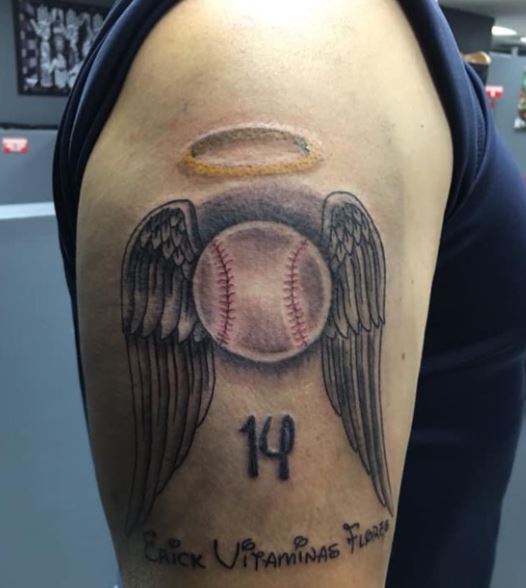 Lettering and Baseball Ball with Wings and Halo Arm Tattoo
