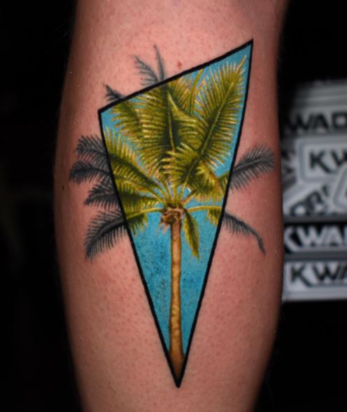 Colorful Detailed Palm Tree Leg Tattoo