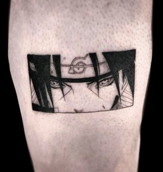 Black and Grey Itachi Uchiha Thigh Tattoo