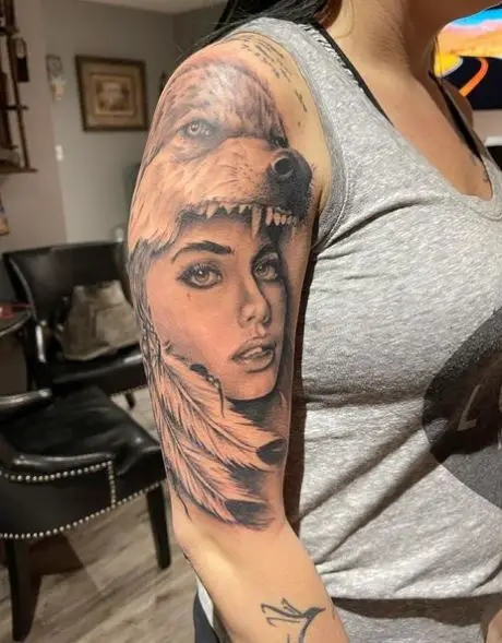 Black and Grey Wolf with Woman Face Arm Half Sleeve Tattoo