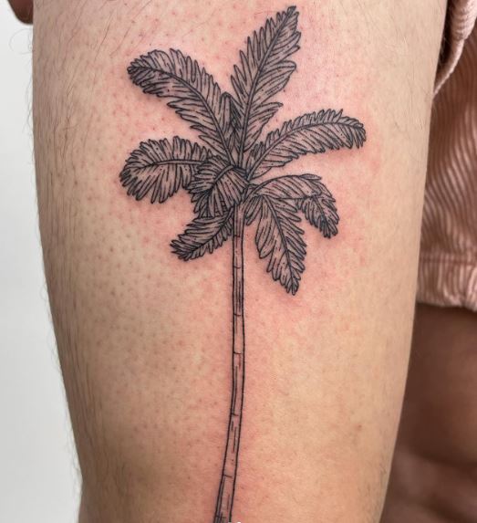 Black and Grey Detailed Palm Tree Thigh Tattoo