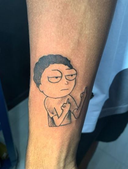 Grey Shaded Morty with Middle Fingers Forearm Tattoo
