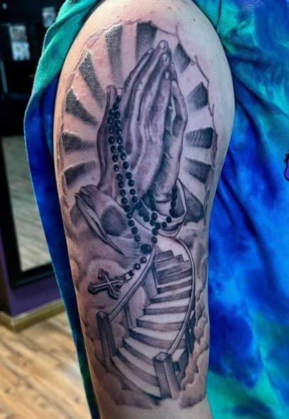 Stairway to Heaven and Praying Hands Arm Tattoo