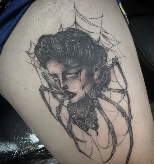 Black Widow with Woman Head Gothic Spider Thigh Tattoo