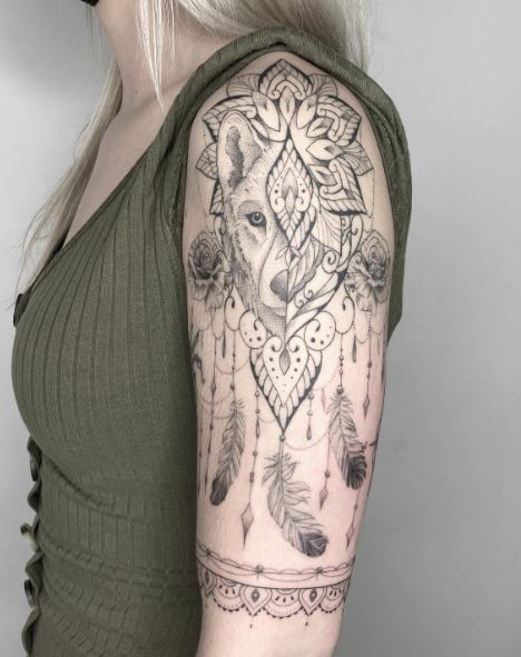 Ornamental Mandala and Wolf Arm Half Sleeve Tattoo