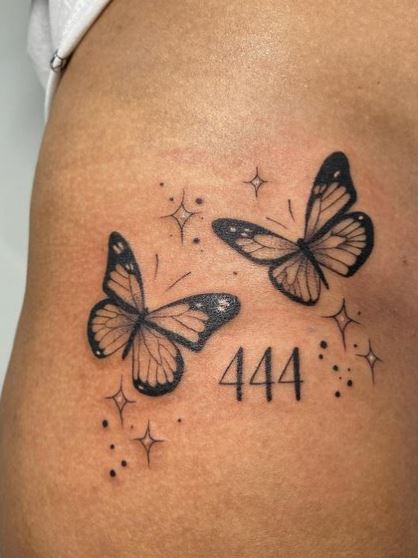 Stars, Butterflies and 444 Angel Number Hip Tattoo