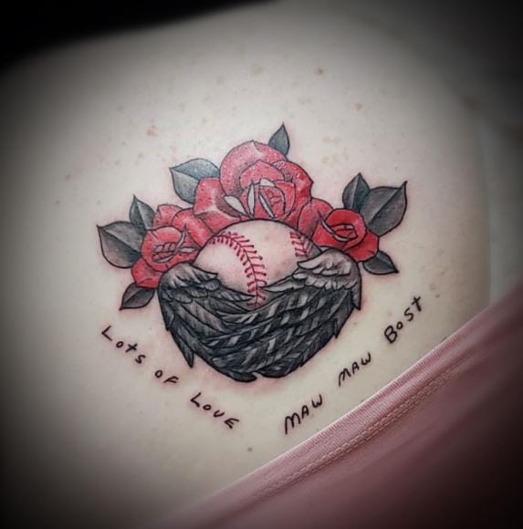 Roses and Baseball Ball with Wings Shoulder Tattoo