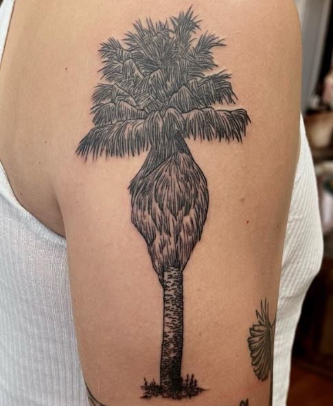 Black and Grey Detailed Palm Tree Arm Tattoo