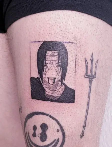 Trident and Itachi Uchiha Thigh Tattoo