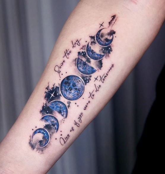 Blue Moon Phases with Script Forearm Tattoo