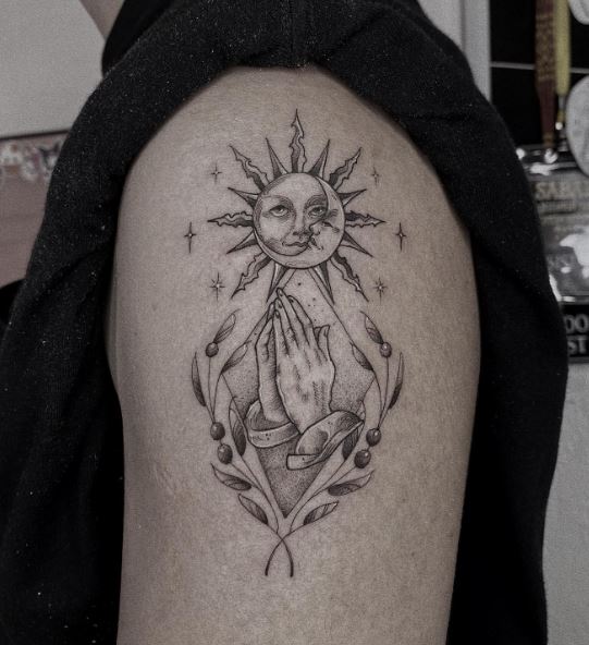 Sun, Moon and Praying Hands Arm Tattoo