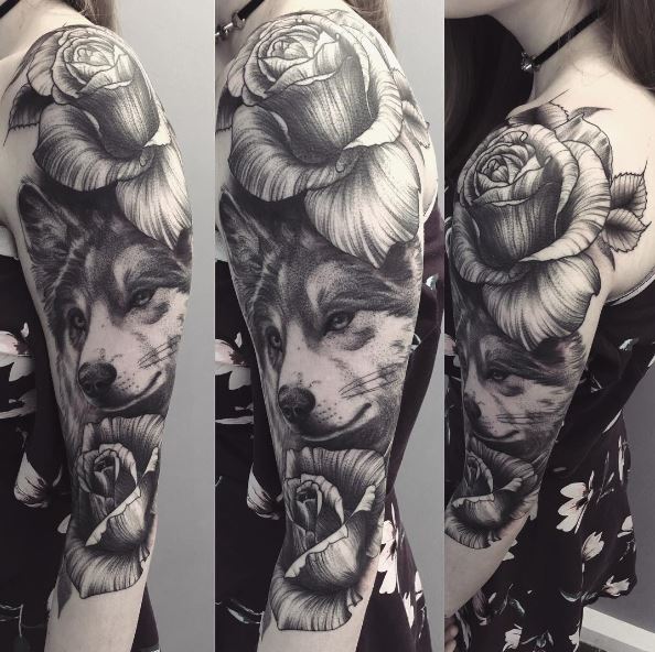Black and Grey Roses and Wolf Arm Half Sleeve Tattoo