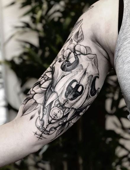 Flowers and Tiger Skull Inner Biceps Tattoo