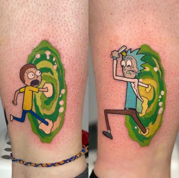 Colorful Rick and Morty Portal Ankle Tattoos