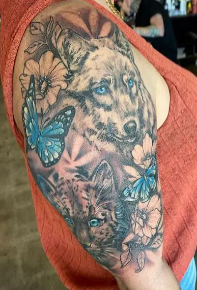 Flowers, Butterflies, Leopard and Wolf Arm Half Sleeve Tattoo
