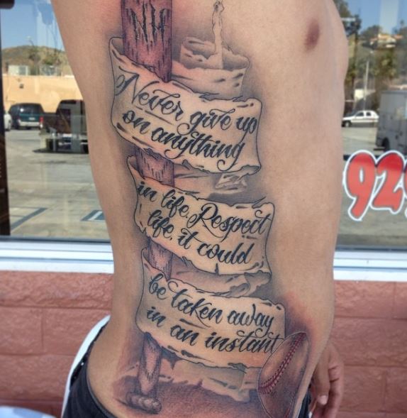 Banner with Message and Baseball Bat Ribs Tattoo