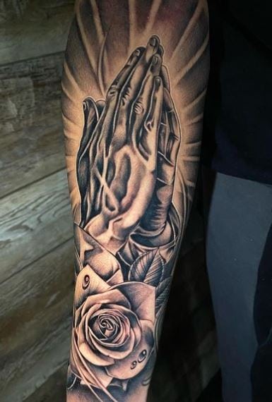 Rose and Praying Hands Forearm Sleeve Tattoo