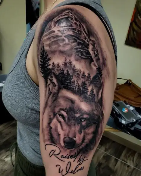 Mountain Landscape and Wolf with Script Arm Half Sleeve Tattoo