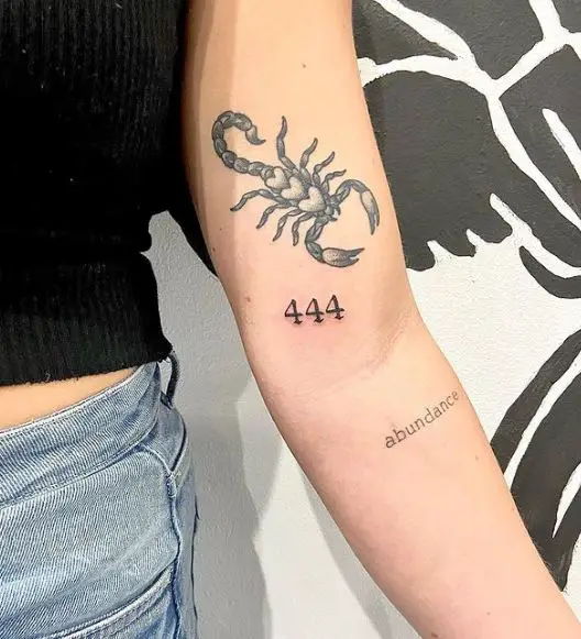 Scorpion and 444 Angel Number Inner Biceps Tattoo