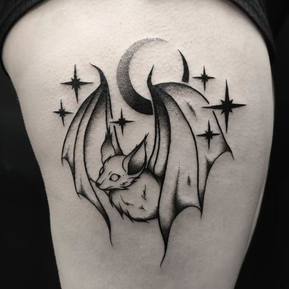 Black Crescent with Stars and Gothic Bat Tattoo