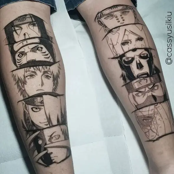 Black and Grey Itachi Uchiha Both Legs Tattoos