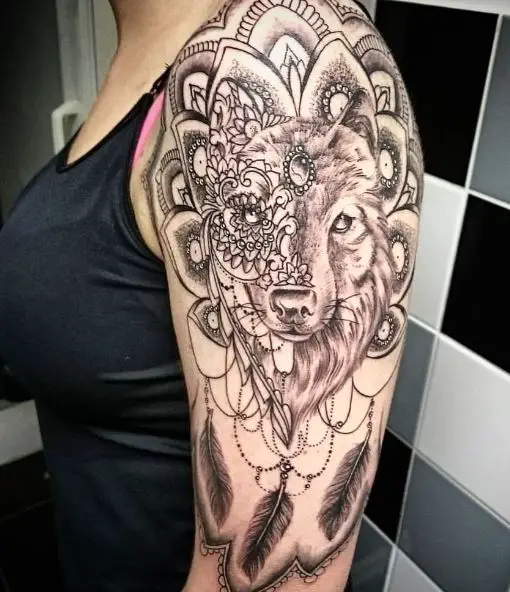 Black and Grey Mandala and Wolf Arm Half Sleeve Tattoo