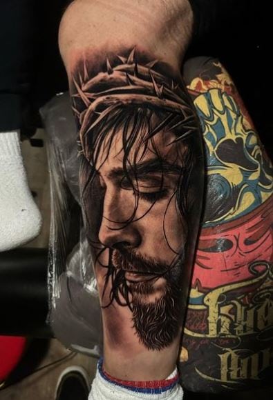 Realistic Jesus Christ Calf Tattoo