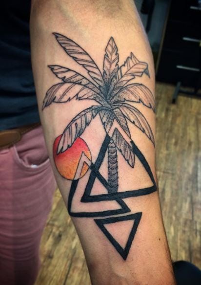 Palm Tree with Sun and Triangles Forearm Tattoo