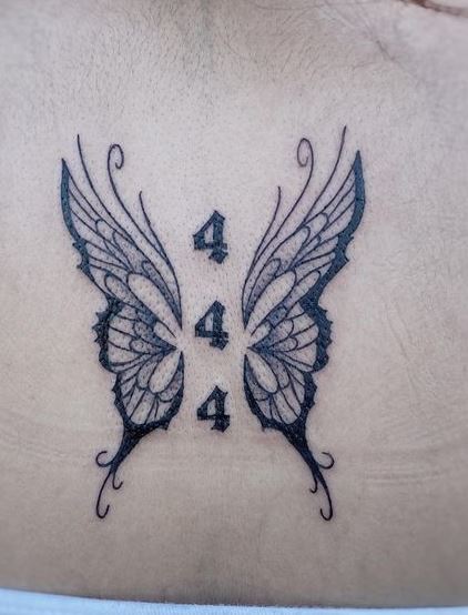 444 Angel Number with Butterfly Wings Back Tattoo