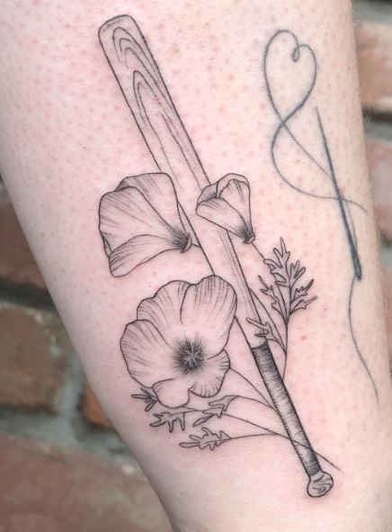 Poppy Flowers and Baseball Bat Forearm Tattoo