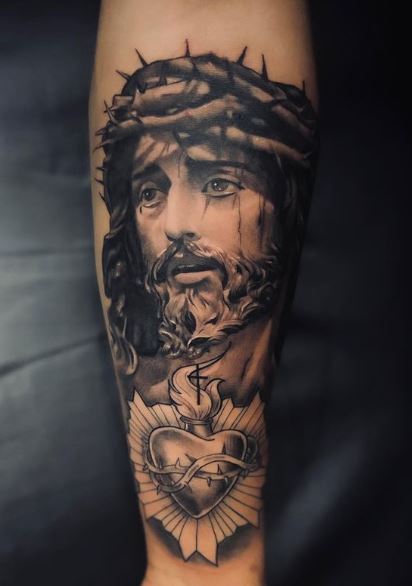 Black and Grey Jesus Christ with Sacred Heart Forearm Tattoo