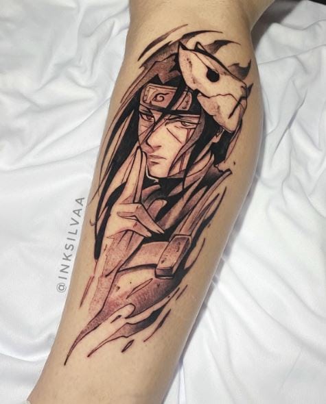 Grey Shaded Itachi Uchiha with Anbu Mask Leg Tattoo