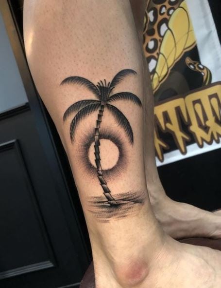 Black and Grey Palm Tree with Sun Leg Tattoo