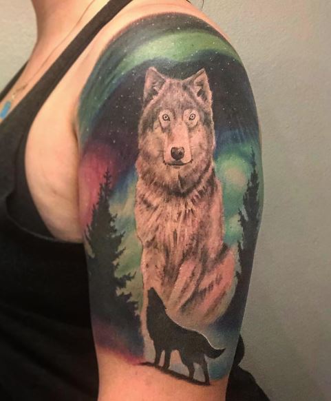 Night Mountain Landscape and Wolf Arm Half Sleeve Tattoo
