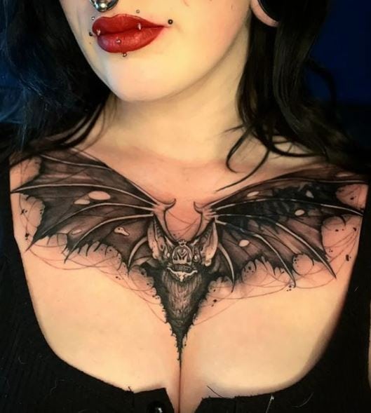 Black and Grey Gothic Bat Chest Tattoo