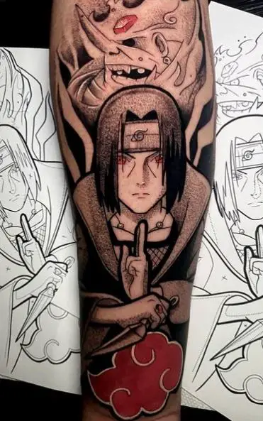 Black and Grey Itachi Uchiha with Dagger Leg Tattoo