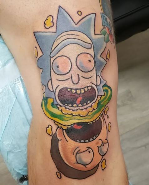 Rick and Morty Heads Sticking Out From Portal Knee Tattoo