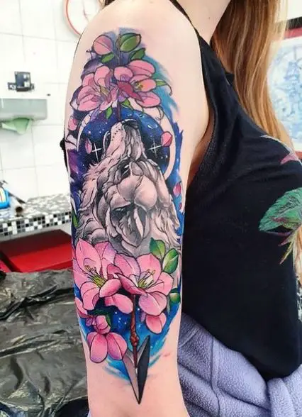 Colorful Flowers and Wolf Arm Half Sleeve Tattoo