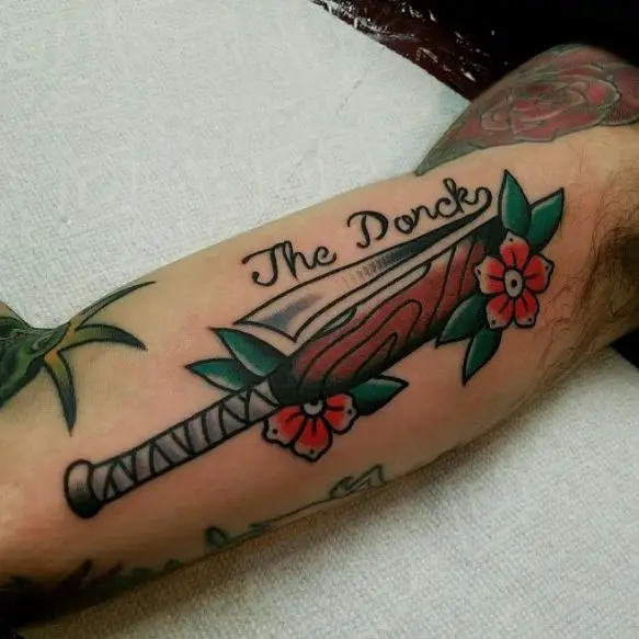 Red Flowers and Baseball Bat Arm Tattoo