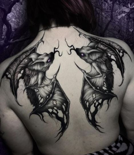 Black and Grey Gothic Bats Back Tattoo