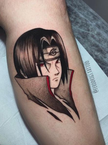 Black and Grey Itachi Uchiha with Red Eyes Leg Tattoo