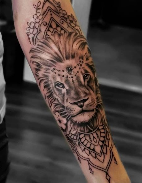Black and Grey Mandala and Lion Forearm Half Sleeve Tattoo
