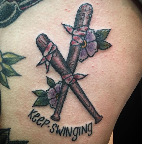 Violet Flowers and Crossed Baseball Bats with Script Tattoo