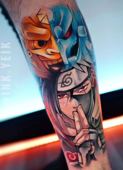 Colorful Dragons and Itachi Uchiha Leg Tattoo