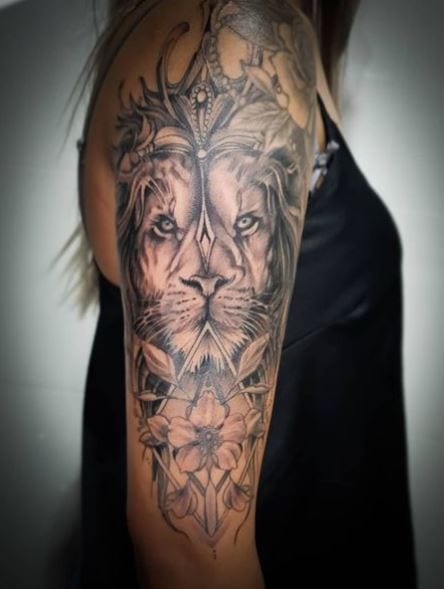 Flowers and Lion with Crown Arm Half Sleeve Tattoo